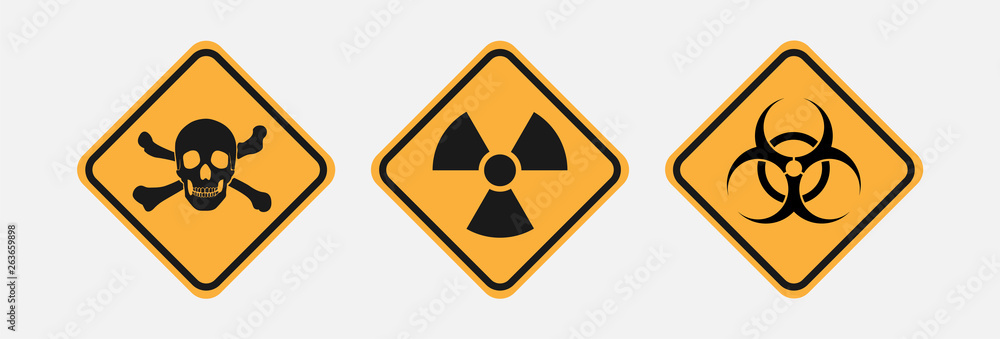 Danger signs, yellow diamond. Sign of radiation, toxicity and bio-hazard sign. Vector isolated icons on white background. Danger signs, yellow diamond. Sign of radiation, toxicity and bio-hazard sign. Vector isolated icons on white background.