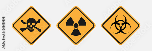 Danger signs, yellow diamond. Sign of radiation, toxicity and bio-hazard sign. Vector isolated icons on white background.
