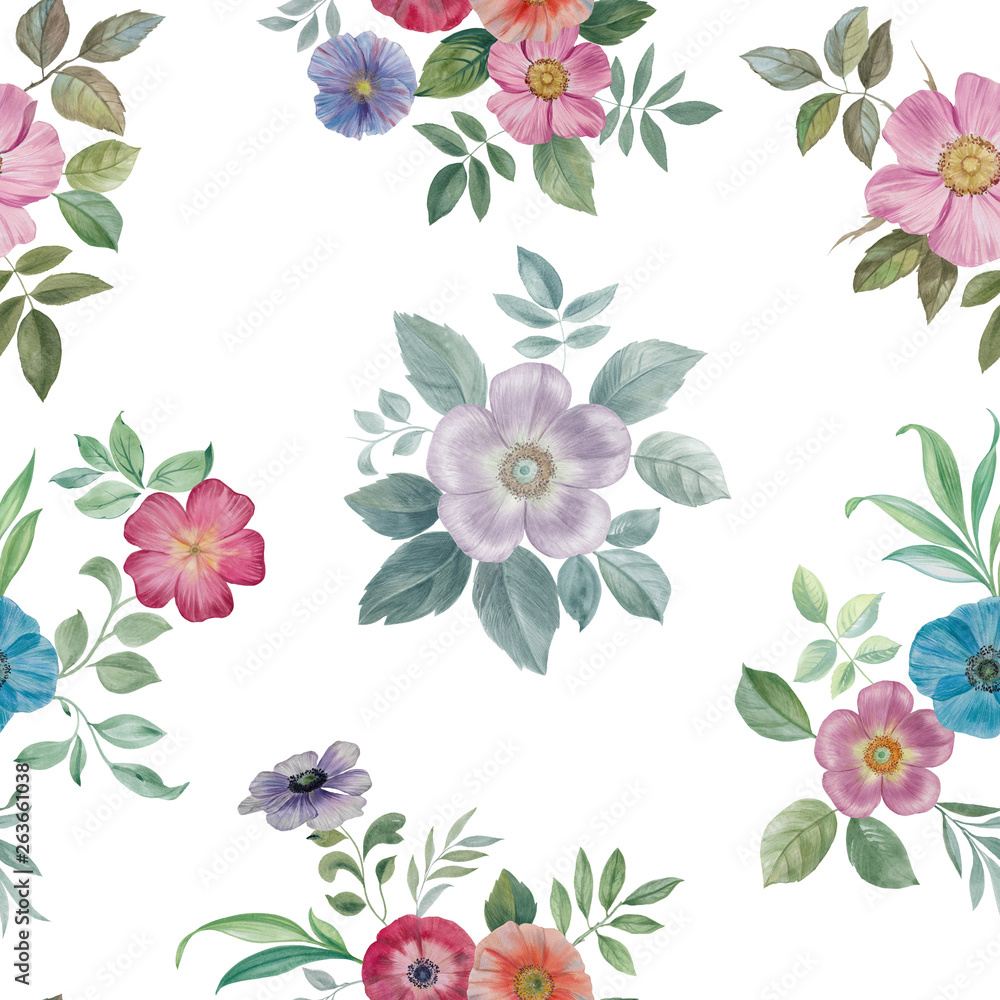 Seamless watercolor pattern. Hand painted leaves of different colors on a white background.