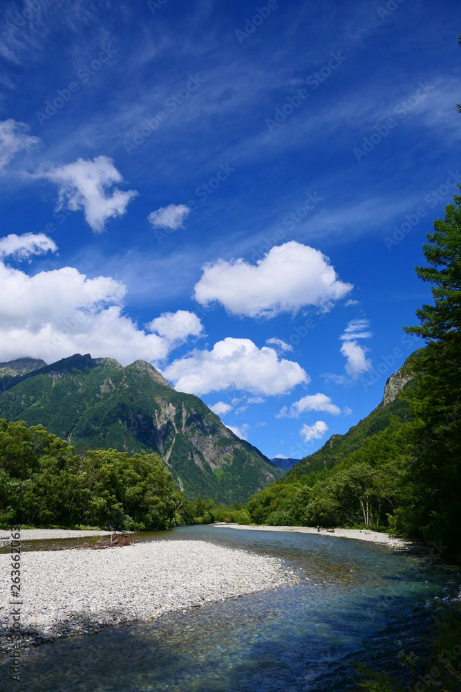 梓川。中部山岳国立公園を流れる清流。松本　長野　日本。８月下旬。