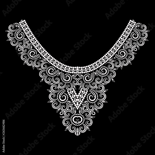 Neckline ethnic design. Floral black and white lace pattern. Vector print with decorative elements for embroidery, for women's clothing.
