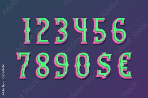 Fairy two-layer numbers with currency signs in 3d vintage style.
