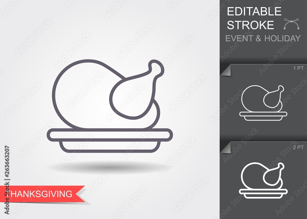 Thanksgiving turkey. Line icon with editable stroke with shadow Thanksgiving turkey. Line icon with editable stroke with shadow