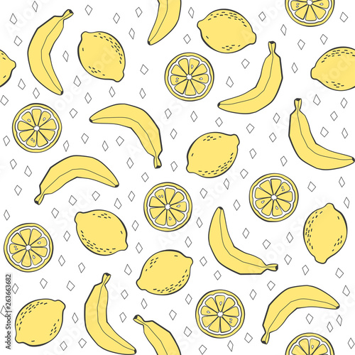 Pattern with bananas and lemons. Vector cute fruits seamless pattern.