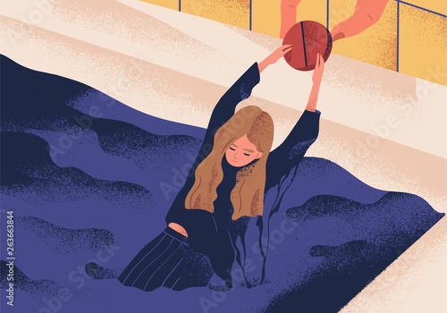 Young depressed woman drowning in pool and holding on to large pill. Concept of antidepressant saving girl from depression, medication treating illness or disorder. Modern flat vector illustration.