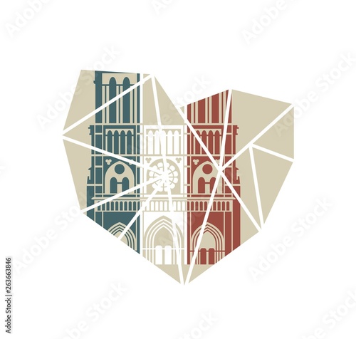Notre Dame de Paris Cathedral in the colors of the French flag. Vector flat icon in the form of a broken heart