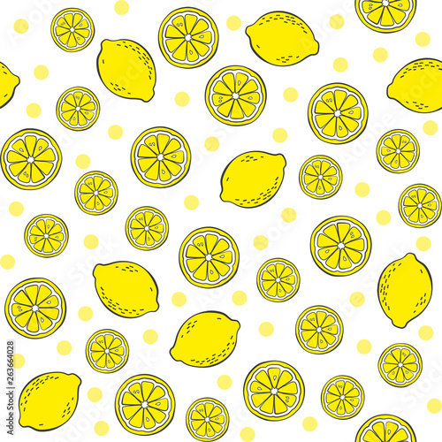 Pattern with hand drawn lemons. Vector cute fruits seamless pattern.