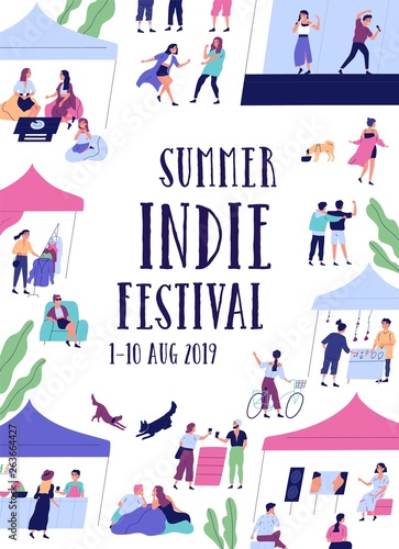Summer outdoor indie music festival, fair or open air event flyer or poster template with cute tiny people and place for text. Modern flat cartoon vector illustration for promotion, advertisement.