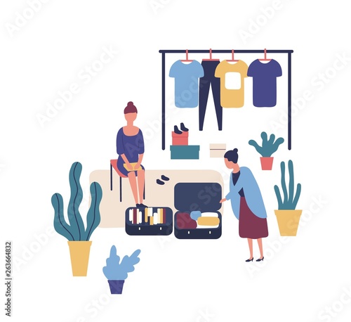 Woman selling stylish vintage clothes at garage sale. Cute funny female seller and customer at summer outdoor fashion festival, flea market or rag fair. Flat colorful cartoon vector illustration.