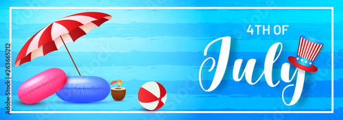 4th Of July celebration header or banner design with uncle sam hat and beach elements such as umbrella, swimming ring illustration on shiny blue background.