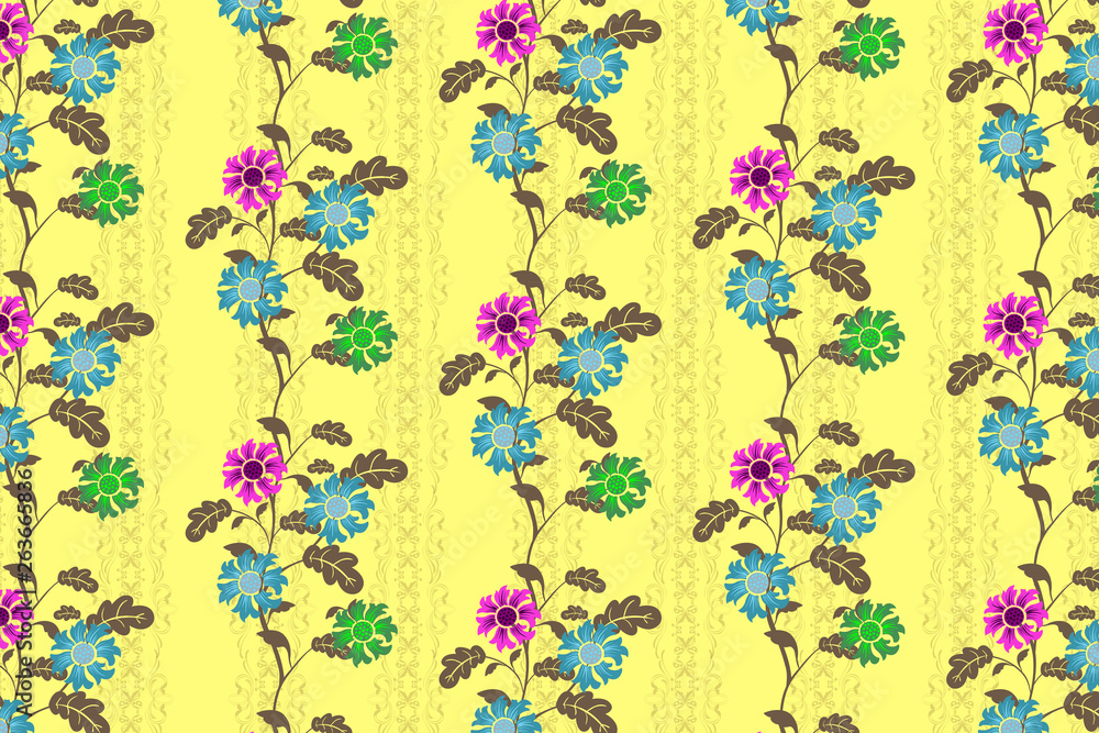 Pink And Blue Floral Yellow Background Pattern