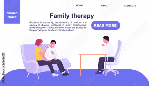 Portrait of unhappy couple talking to marriage counselor before breaking up, consulting family relationships expert. Website landing page template. Vector illustration flat cartoon style