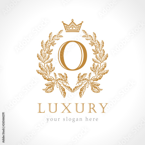 Letter O logotype concept. Isolated abstract emblem, graphic design template. Art nomination award elegant banner, decorative old tradition style sign, round shape business symbol. Vector illustration