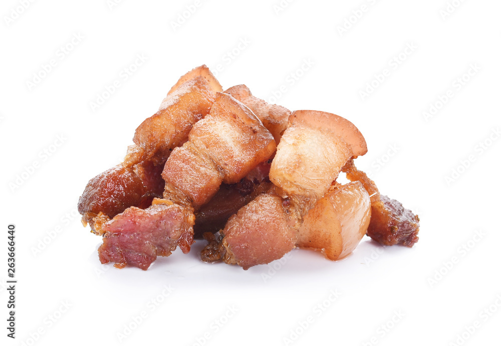 Plate of Deep Fried Crispy Pork Belly Cooked with Garlic isolated on white background Plate of Deep Fried Crispy Pork Belly Cooked with Garlic isolated on white background