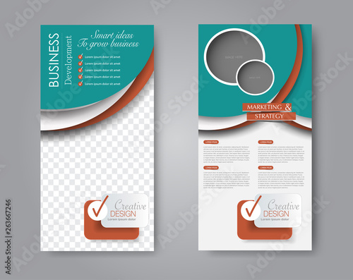 Skinny flyer or leaflet design. Set of two side brochure template or banner.  Vector illustration. Green and red color.