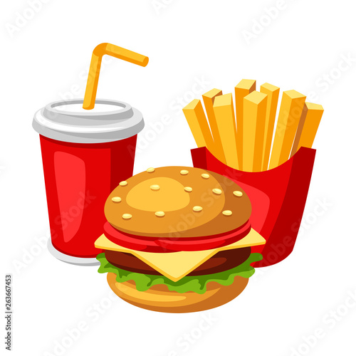 Illustration with fast food meal. Soda, fries and burger.