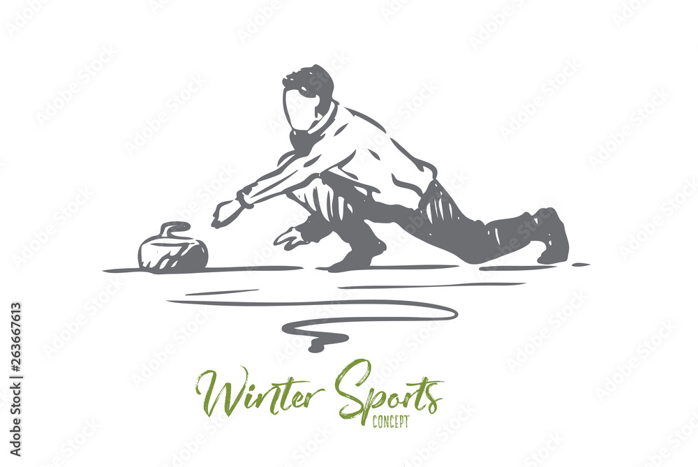 Curling, winter, sport, ice, stone concept. Hand drawn isolated vector.