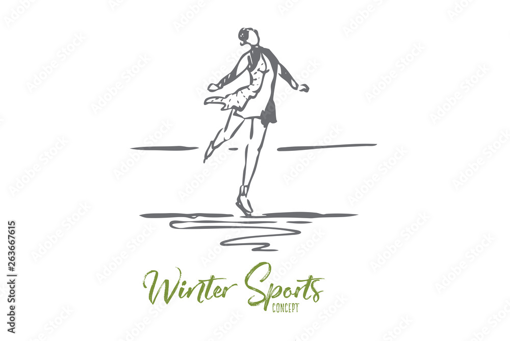 Skate, winter, woman, sport, ice concept. Hand drawn isolated vector.