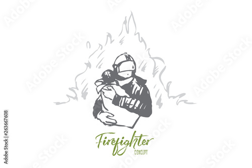Firefighter, safety, fire, child, rescue concept. Hand drawn isolated vector.
