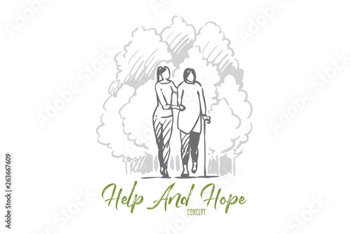 Leg, injury, crutch, pain, help concept. Hand drawn isolated vector.