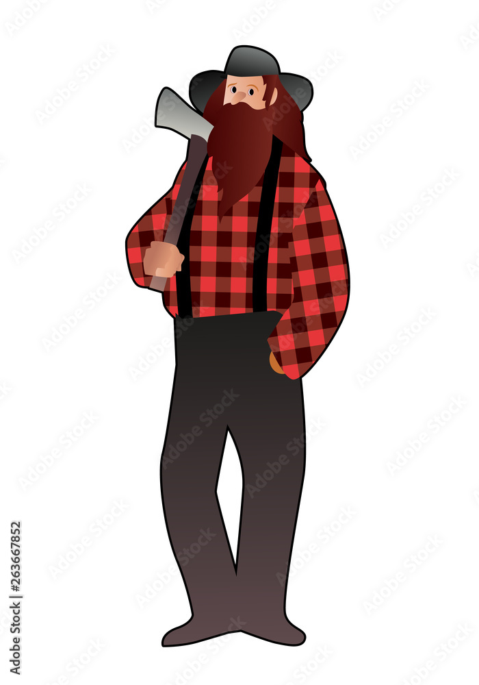 Lumberjack man in cartoon style with long beard and ax, wearing hat and plaid shirt isolated on white background Lumberjack man in cartoon style with long beard and ax, wearing hat and plaid shirt isolated on white background