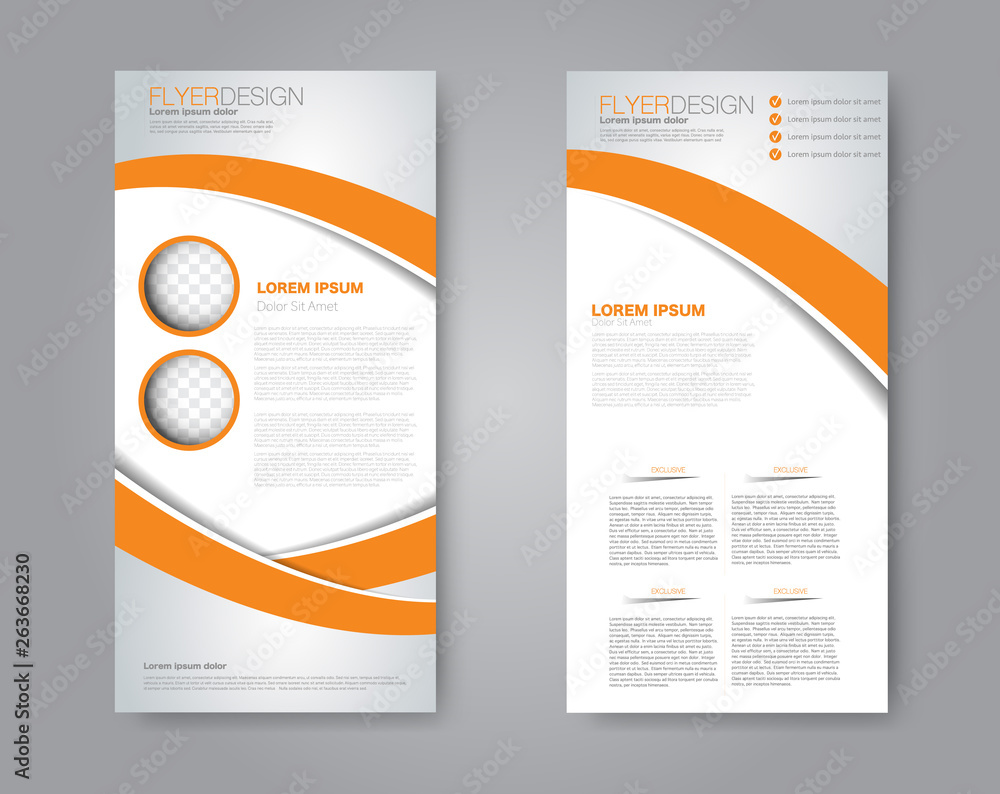 Flyer template. Vectical banner design. Modern abstract two side brochure background. Vector illustration. Orange color. Flyer template. Vectical banner design. Modern abstract two side brochure background. Vector illustration. Orange color.