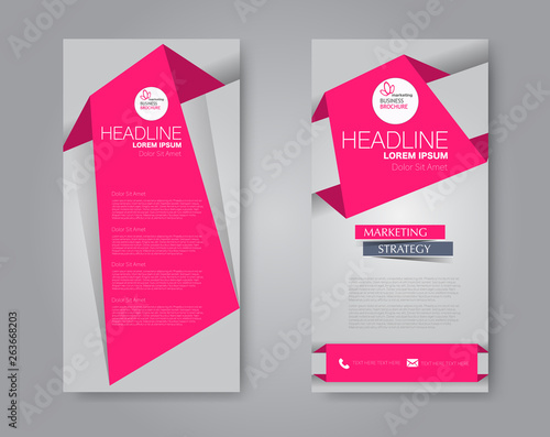 Flyer template. Vectical banner design. Modern abstract two side brochure background. Vector illustration. Pink color.