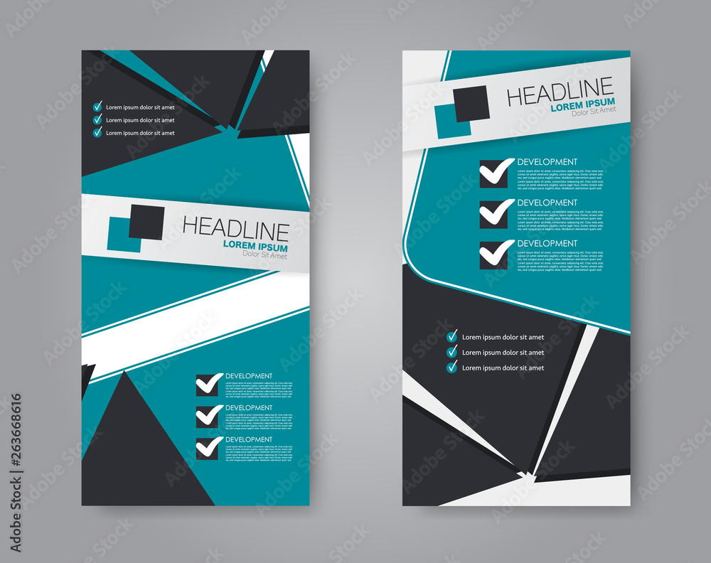 Flyer template. Vectical banner design. Modern abstract two side brochure background. Vector illustration. Blue color. Flyer template. Vectical banner design. Modern abstract two side brochure background. Vector illustration. Blue color.