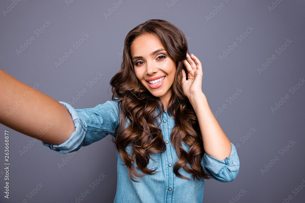 Close up photo amazing beautiful perfect white teeth toothy her she lady make take selfies hair styling advice new stylist wearing casual jeans denim shirt clothes outfit isolated grey background Close up photo amazing beautiful perfect white teeth toothy her she lady make take selfies hair styling advice new stylist wearing casual jeans denim shirt clothes outfit isolated grey background