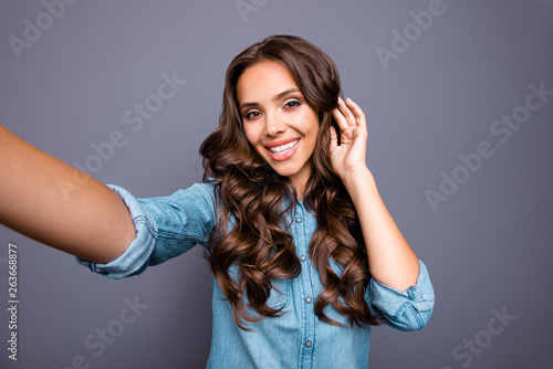 Close up photo amazing beautiful perfect white teeth toothy her she lady make take selfies hair styling advice new stylist wearing casual jeans denim shirt clothes outfit isolated grey background