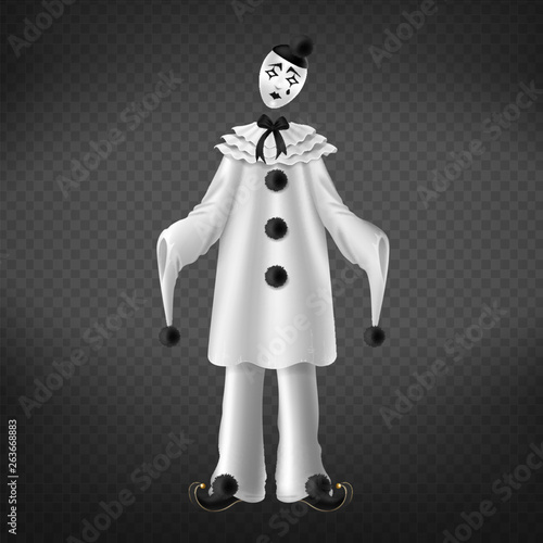 Pierrot isolated on transparent background. Theater comedian romantic character in black and white costume. Personage of italian comedy del arte, performance scene. Realistic 3d vector illustration.