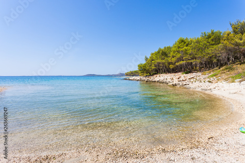 Fototapeta Naklejka Na Ścianę i Meble -  Pine beach, Pakostane, Croatia - Visiting the turquoise bay of Pakostane