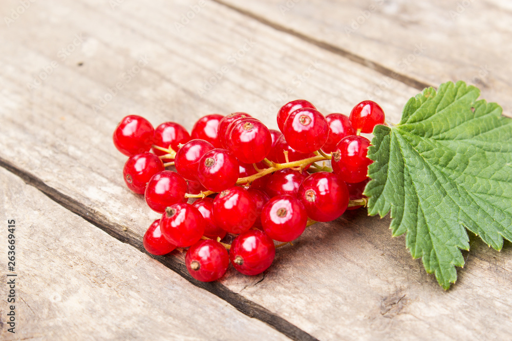 Red currant berries on the board. Summer berry background with place for text. Close-up.