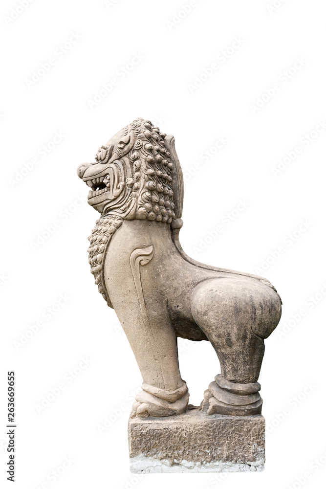 Statue of lion or singha style ancient asia on isolated background.