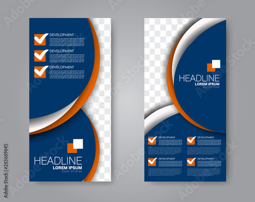 Flyer template. Vectical banner design. Modern abstract two side brochure background. Vector illustration. Blue and orange color.