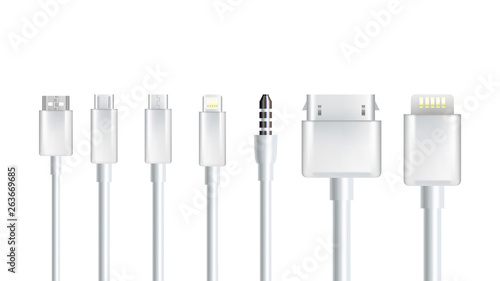 Realistic Different Cables Connection Set Vector. Usb Hardware Different Plug Ports For Interconnect Smartphone And Headphones Top View Isolated Image On White Background. 3d Illustration
