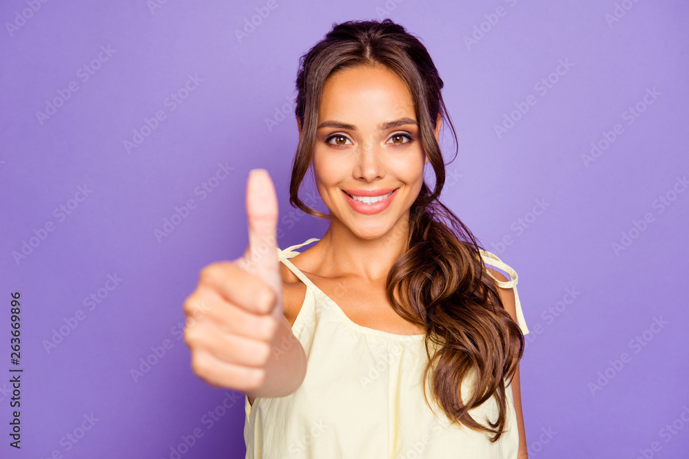 Closeup photo portrait of pretty satisfied nice pretty attractive charming funny funky cute lovely confident she her lady demonstrating finger up isolated violet background