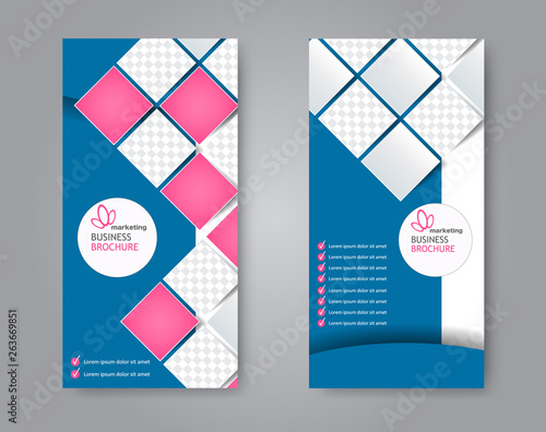 Flyer template. Vectical banner design. Modern abstract two side brochure background. Vector illustration. Blue and pink color.