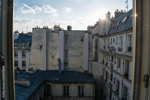Paris residential buildings. Old Paris architecture, beautiful facade, typical french houses. Famous
