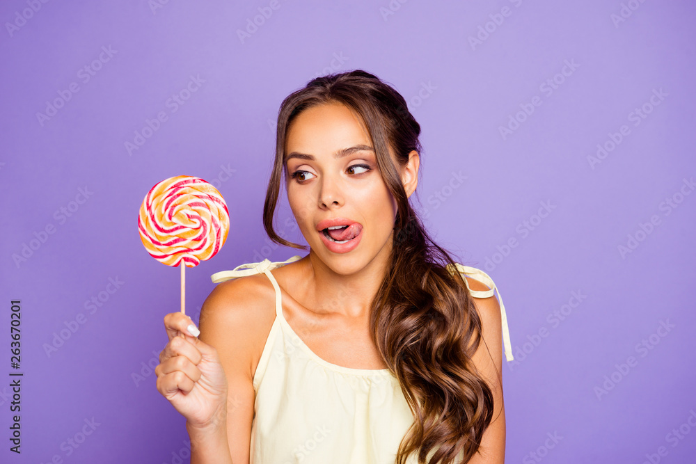 CLose up photo portrait of cute lovely dreamy she her lady desiring dreaming about sweets with new taste holding in hand isolated violet background