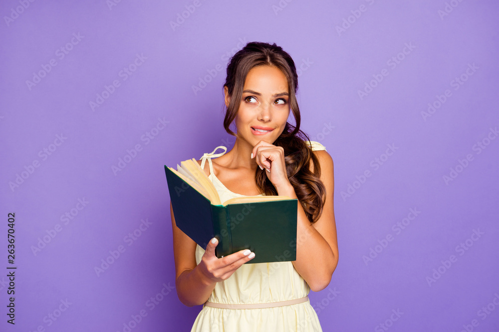 Photo of thoughtful pensive planning lovely charming she her lady biting lips touching chin enjoying free time having fun wearing summer dress isolated violet background Photo of thoughtful pensive planning lovely charming she her lady biting lips touching chin enjoying free time having fun wearing summer dress isolated violet background