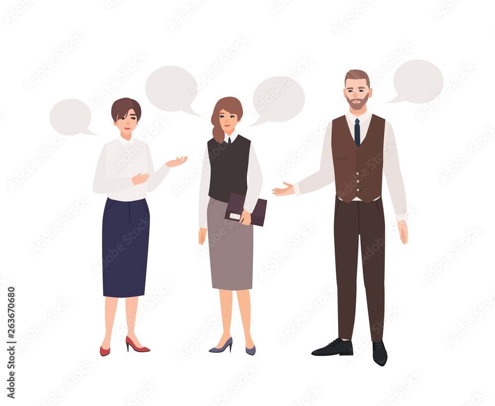 Group of office workers or colleagues talking to each other and speech bubbles. Dialog between clerks. Professional conversation at work, formal negotiation. Flat cartoon vector illustration. Group of office workers or colleagues talking to each other and speech bubbles. Dialog between clerks. Professional conversation at work, formal negotiation. Flat cartoon vector illustration.
