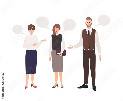 Group of office workers or colleagues talking to each other and speech bubble...