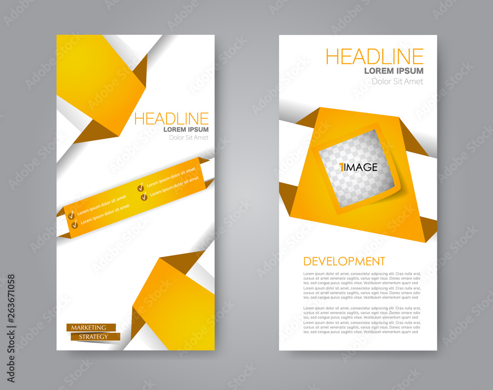 Flyer template. Vectical banner design. Modern abstract two side narrow brochure background. Vector illustration. Yellow color. Flyer template. Vectical banner design. Modern abstract two side narrow brochure background. Vector illustration. Yellow color.
