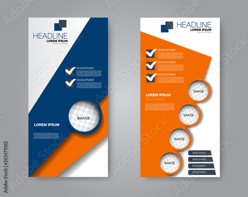 Flyer template. Vectical banner design. Modern abstract two side narrow brochure background. Vector illustration. Blue and orange color.