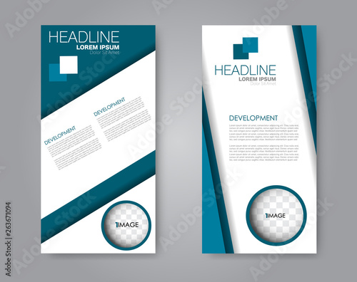 Flyer template. Vectical banner design. Modern abstract two side narrow brochure background. Vector illustration. Blue color.