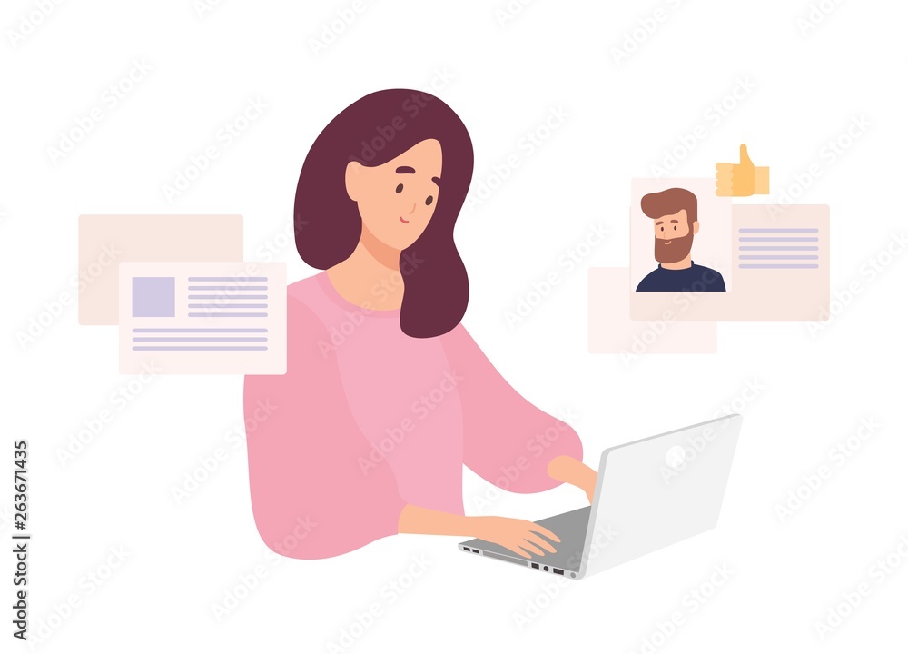 Woman sitting at laptop and using website for dating or searching for love or romantic partner on internet. Cute smiling girl trying to find boyfriend online. Flat cartoon vector illustration. Woman sitting at laptop and using website for dating or searching for love or romantic partner on internet. Cute smiling girl trying to find boyfriend online. Flat cartoon vector illustration.