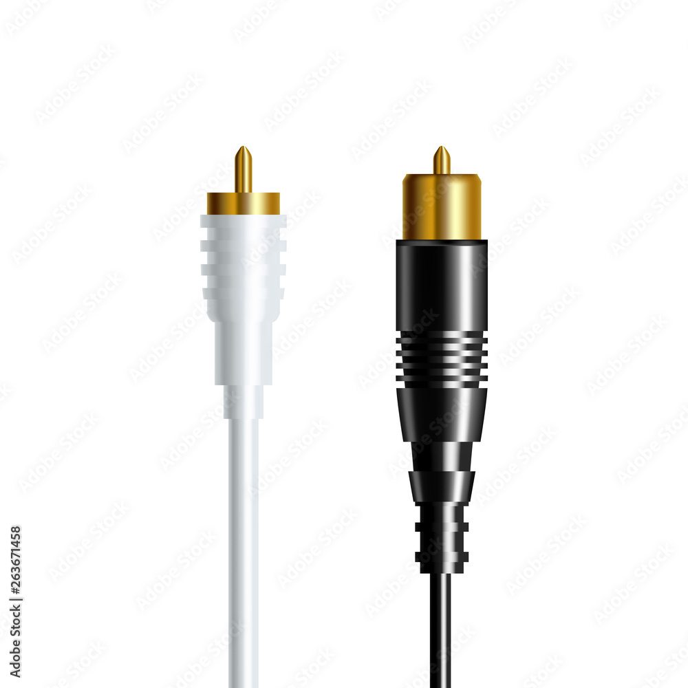 Realistic Audio And Video Wire Plug Set Vector. Electronic Wire Cable Connection Television, Videorecorder And Projector Top View Isolated Image On White Background. 3d Illustration Realistic Audio And Video Wire Plug Set Vector. Electronic Wire Cable Connection Television, Videorecorder And Projector Top View Isolated Image On White Background. 3d Illustration
