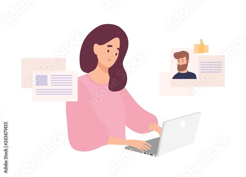 Woman sitting at laptop and using website for dating or searching for love or romantic partner on internet. Cute smiling girl trying to find boyfriend online. Flat cartoon vector illustration.