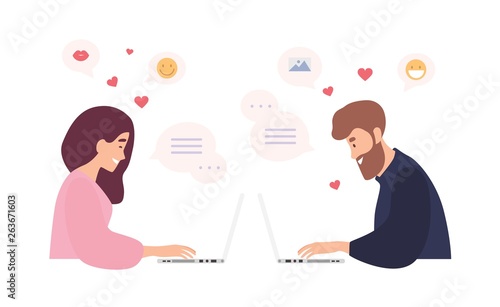 Man and woman sitting at laptops, using dating website and chatting. Romantic couple having conversation on internet. Cute girl and boy sending online messages to each other. Flat vector illustration.